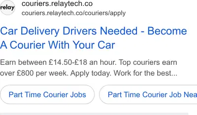 Relay Google ad: Car Delivery Drivers Needed - Become A Courier With Your Car